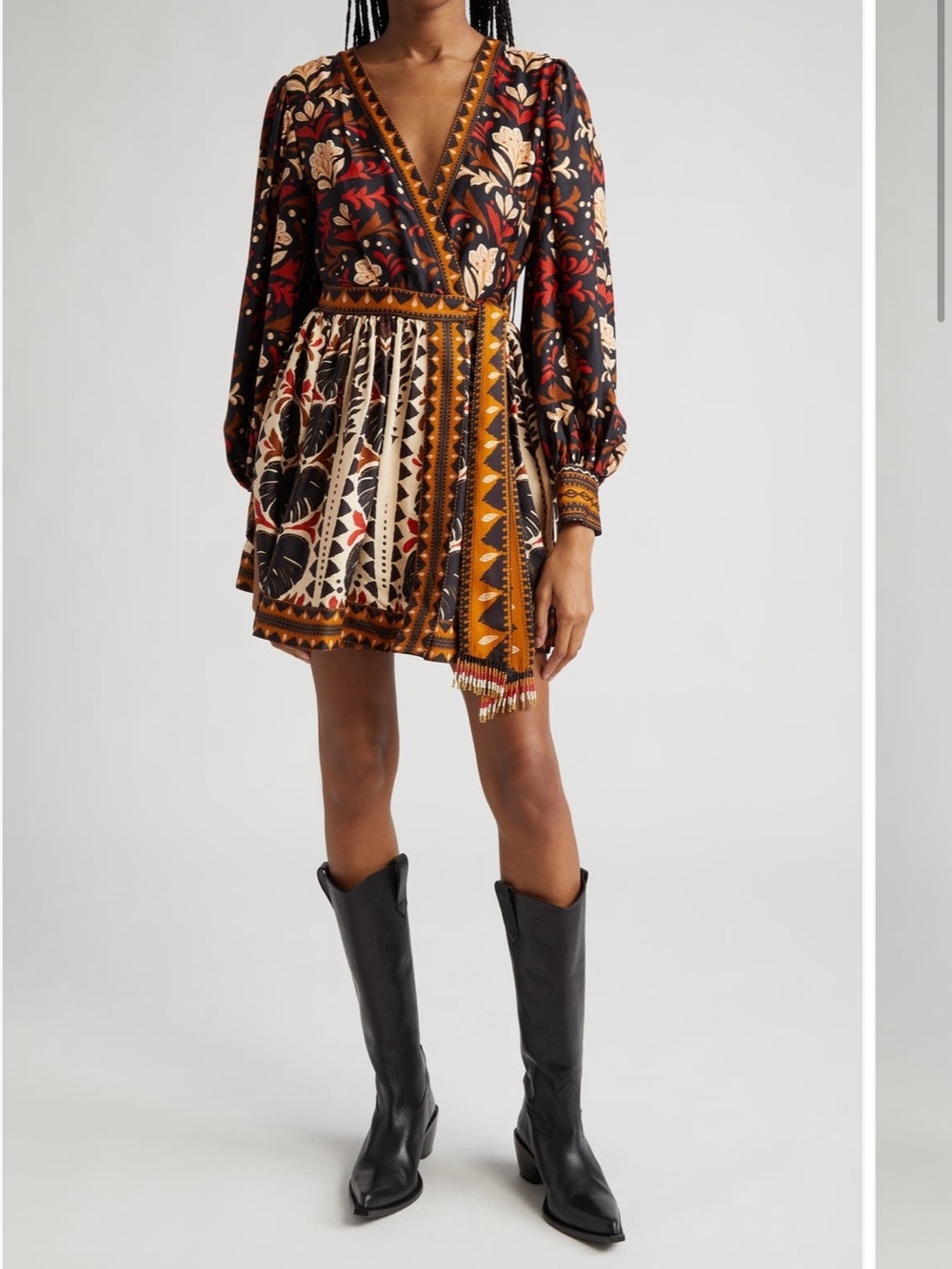 FARM Rio Tapestry Garden Black Floral Wrap Mini Dress with Red & Cream Accents - Picture 4 of 4